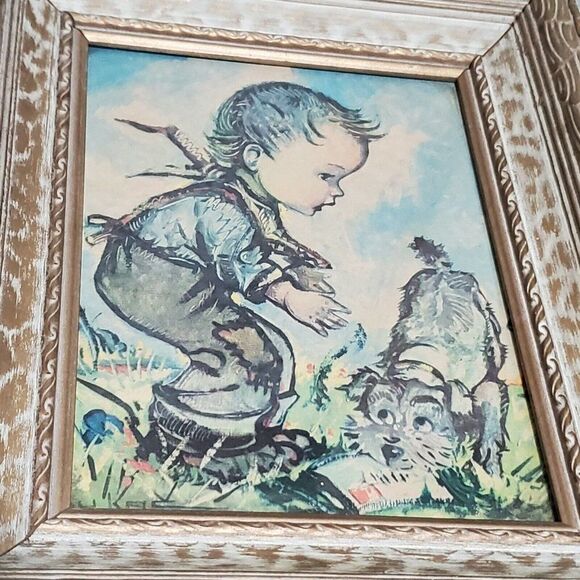 Framed wall Picture Boy with Dogs Puppies Playing Outside Jean Bukac Lithographs - Picture 2 of 4